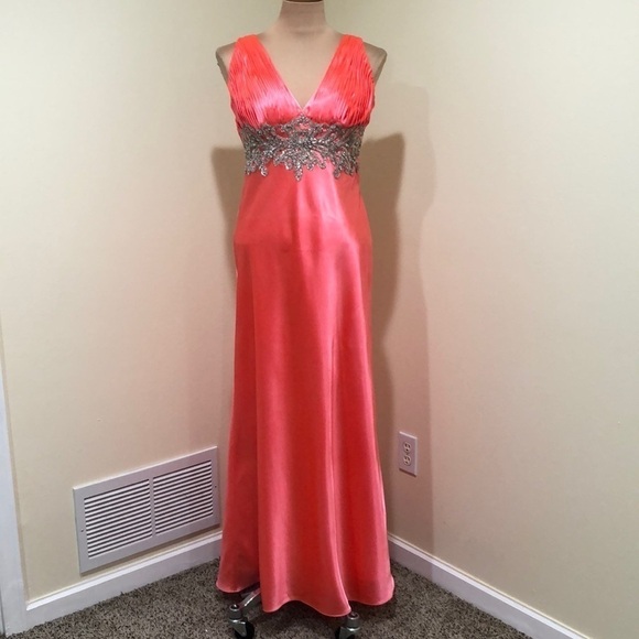 Samila Formal Column Dress Size 4 Neon Coral Silver Beaded Strappy Caged Back - Picture 2 of 9